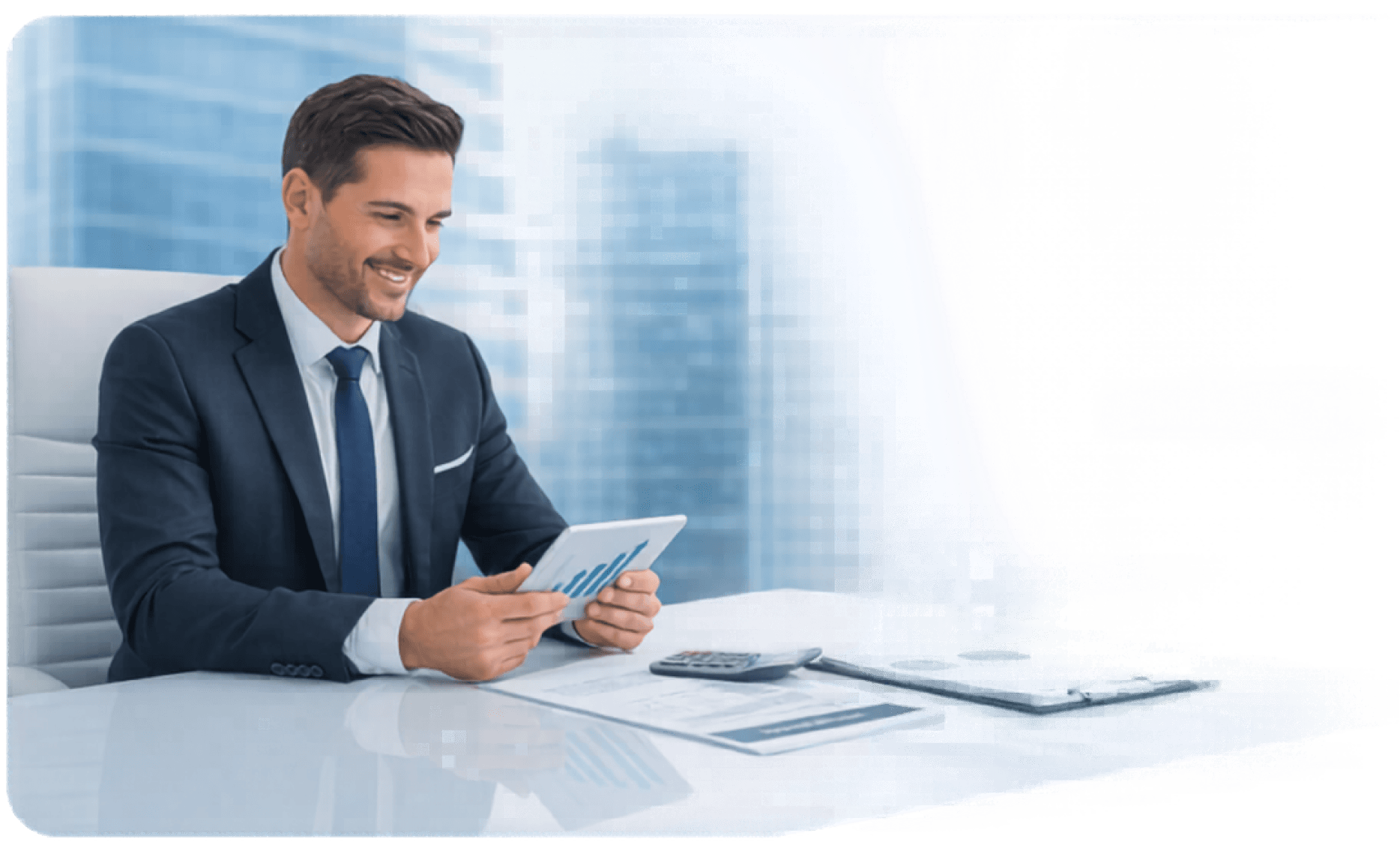 Smiling businessman reviewing a tablet at his desk